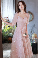 Pink Tulle Sequins Short A-Line Prom Dress, Cute Short Sleeve Evening Party Dress