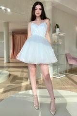 White Spaghetti Strap Tulle Short Prom Dress, Cute A-Line Homecoming Dress