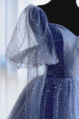 Blue Tulle Beading Long Prom Dresses, A-Line Evening Dresses