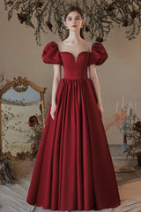 Burgundy Satin Long Prom Dress, Lovely A-Line Short Sleeve Graduation Dress