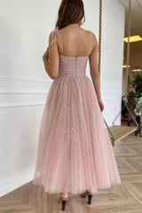 Pink Spaghetti Strap Tulle Tea Length Prom Dress, Pink A-Line Homecoming Dress