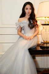 Lovely Bow Tulle Long Prom Dress,  A-Line Blue Evening Graduation Dress
