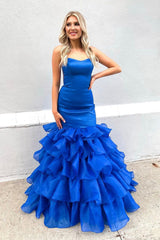 Blue Satin Tulle Long Prom Dresses, Mermaid Evening Dresses