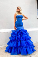 Blue Satin Tulle Long Prom Dresses, Mermaid Evening Dresses
