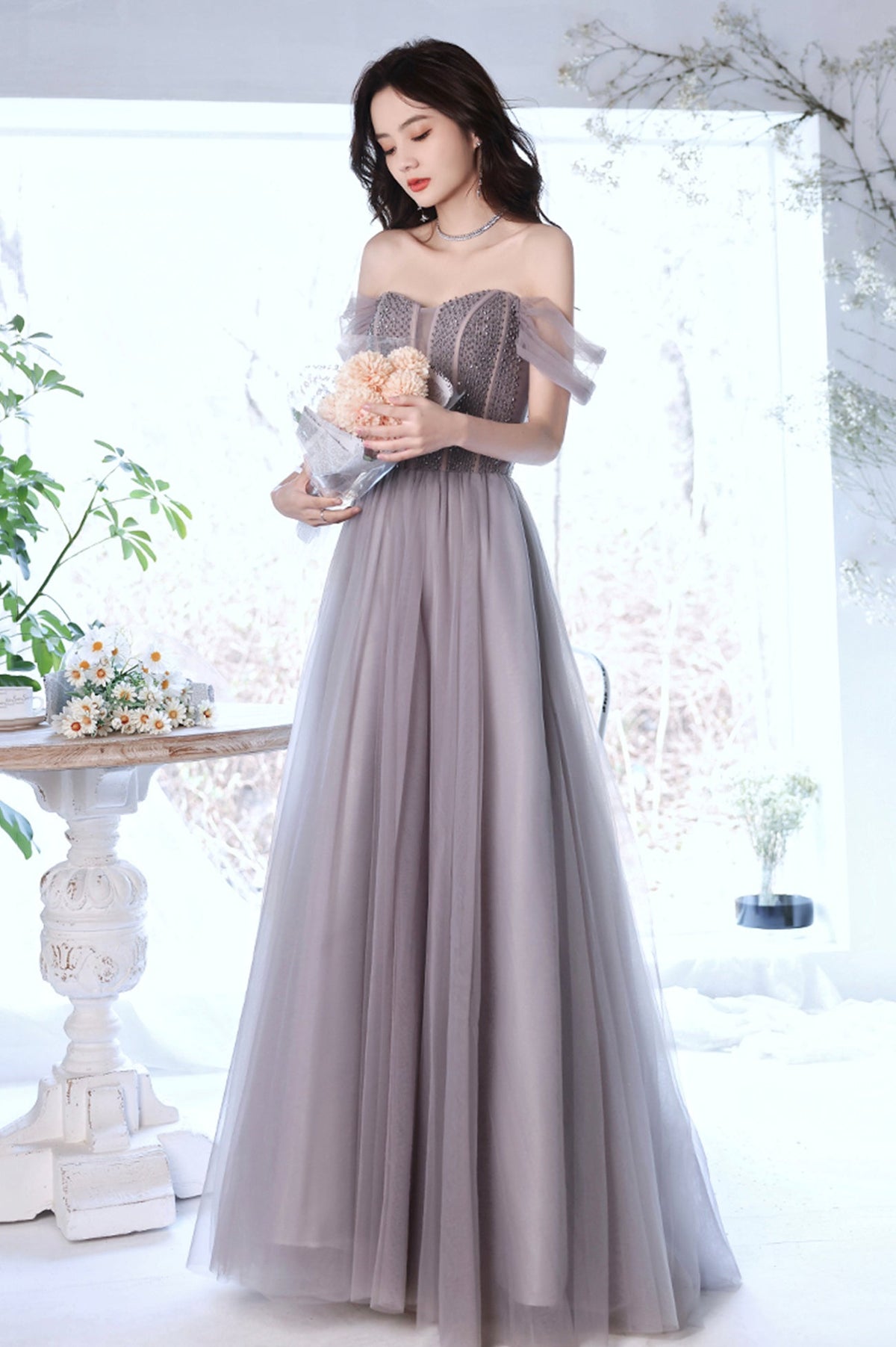 A-Line Tulle Long Prom Dress with Beaded, Purple Evening Graduation Dress