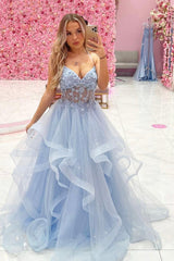 Blue Tulle Lace Long Prom Dresses, A-Line Blue Party Dresses