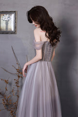 A-Line Tulle Long Prom Dress with Beaded, Purple Evening Graduation Dress