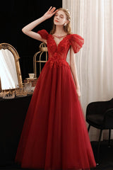 Burgundy Lace Long Prom Dress with Sequins, Cute Puff Sleeve Graduation Dress