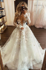 Plunging V-Neck Lace Long Prom Dress, White Long Sleeve Evening Party Dress