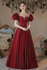 Burgundy Satin Long Prom Dress, Lovely A-Line Short Sleeve Graduation Dress