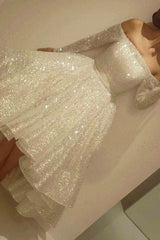 White Sequins Long Sleeve Prom Dresses, A-Line Party Dresses