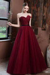 Burgundy Tulle Long A-Line Prom Dress, Burgundy Strapless Evening Party Dress