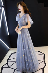 Blue Tulle Long A-Line Prom Dresses, V-Neck Evening Dresses