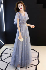 Blue Tulle Long A-Line Prom Dresses, V-Neck Evening Dresses