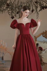 Burgundy Satin Long Prom Dress, Lovely A-Line Short Sleeve Graduation Dress