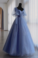 Blue Tulle Beading Long Prom Dresses, A-Line Evening Dresses