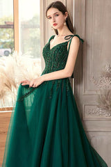 Green V-Neck Lace Long Prom Dresses, A-Line Evening Dresses