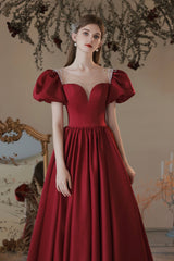 Burgundy Satin Long Prom Dress, Lovely A-Line Short Sleeve Graduation Dress