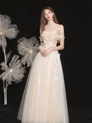 Champagne Lace Off the Shoulder Prom Dress, A-Line Evening Party Dress