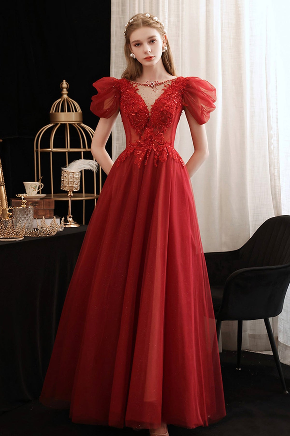 Burgundy Lace Long Prom Dress with Sequins, Cute Puff Sleeve Graduation Dress