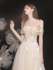 Champagne Lace Off the Shoulder Prom Dress, A-Line Evening Party Dress