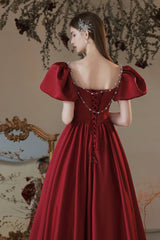 Burgundy Satin Long Prom Dress, Lovely A-Line Short Sleeve Graduation Dress