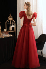 Burgundy Lace Long Prom Dress with Sequins, Cute Puff Sleeve Graduation Dress
