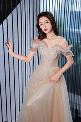 Champagne Off the Shoulder Lace Long Prom Dress, A-Line Evening Party Dress