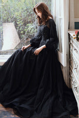 Black Tulle Long Sleeve Prom Dress, Black A-Line Evening Dress