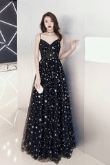 Black V-Neck Tulle Long Prom Dress, Cute A-Line Evening Dress with Stars