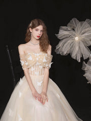 Champagne Lace Off the Shoulder Prom Dress, A-Line Evening Party Dress