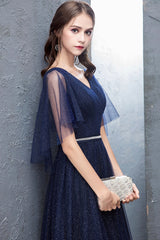 Blue V-Neck Tulle Long Prom Dresses, A-Line Evening Dresses