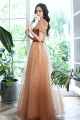 Lovely Tulle Polka Dot Long Prom Dress, A-Line Short Sleeve Evening Dress