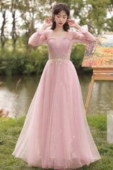 Pink Lace Long Prom Dresses, A-Line Evening Dresses