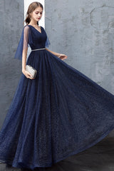 Blue V-Neck Tulle Long Prom Dresses, A-Line Evening Dresses