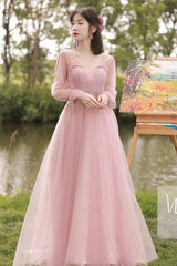 Pink Lace Long Prom Dresses, A-Line Evening Dresses