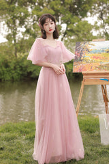 Pink Lace Long Prom Dresses, A-Line Evening Dresses