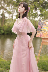 Pink Lace Long Prom Dresses, A-Line Evening Dresses