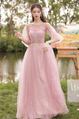 Pink Lace Long Prom Dresses, A-Line Evening Dresses