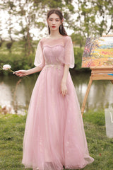 Pink Lace Long Prom Dresses, A-Line Evening Dresses