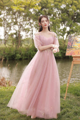 Pink Lace Long Prom Dresses, A-Line Evening Dresses