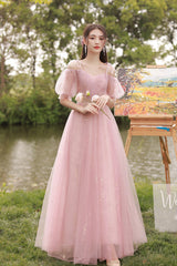 Pink Lace Long Prom Dresses, A-Line Evening Dresses