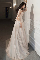 Cute A-Line Lace Floor Length Prom Dress, Long Sleeve Evening Party Dress