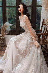 Cute A-Line Lace Floor Length Prom Dress, Long Sleeve Evening Party Dress