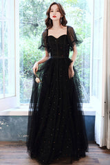 Black Tulle Sequins Long Prom Dress, Black Short Sleeve Evening Dress