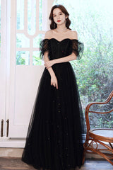 Black Tulle Sequins Long Prom Dress, Black Short Sleeve Evening Dress