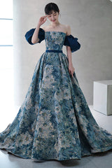 Blue Printed Strapless Ball Gown, A-Line Off the Shoulder Formal Dress