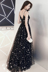 Black V-Neck Tulle Long Prom Dress, Cute A-Line Evening Dress with Stars