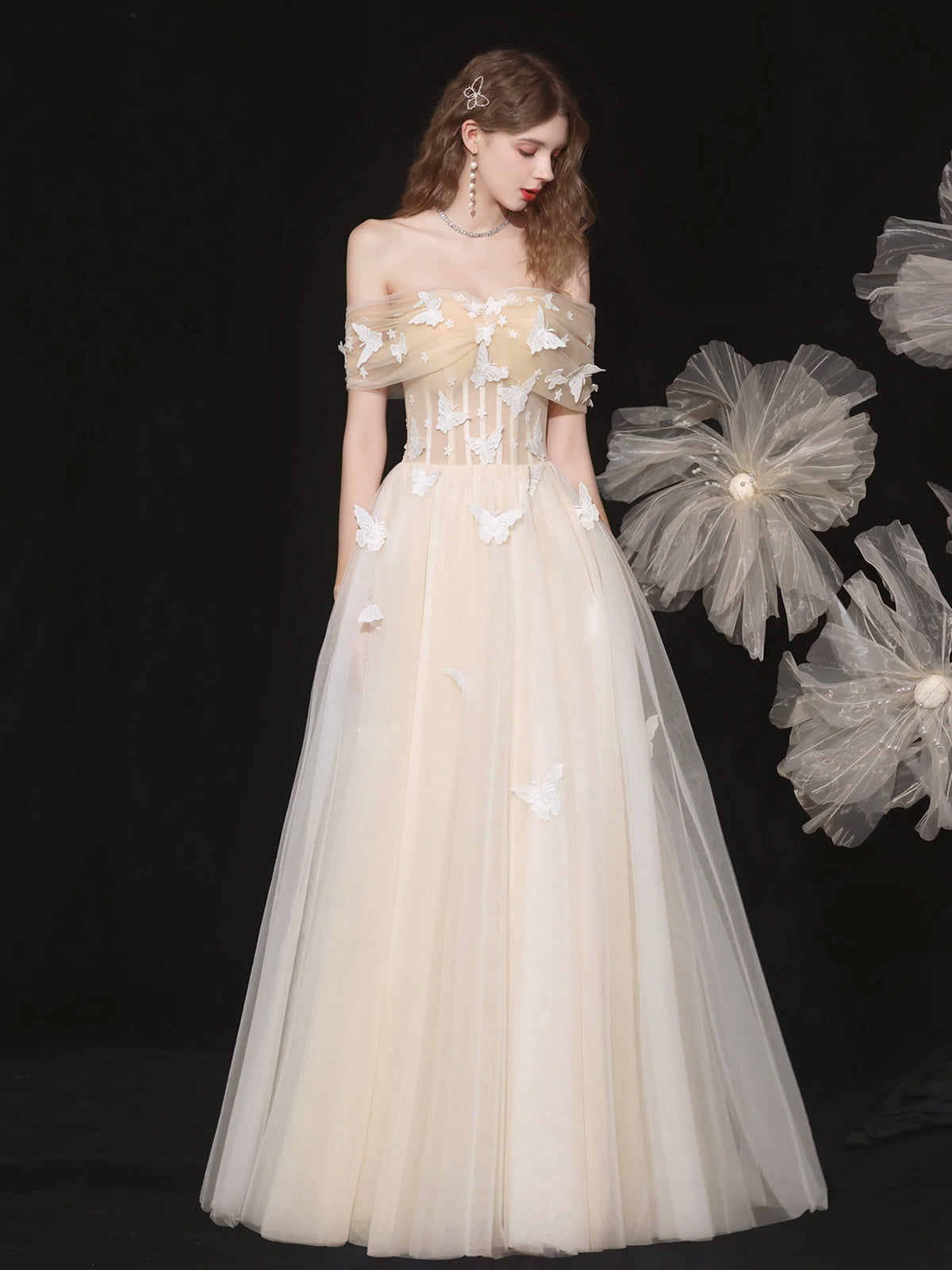 Champagne Lace Off the Shoulder Prom Dress, A-Line Evening Party Dress