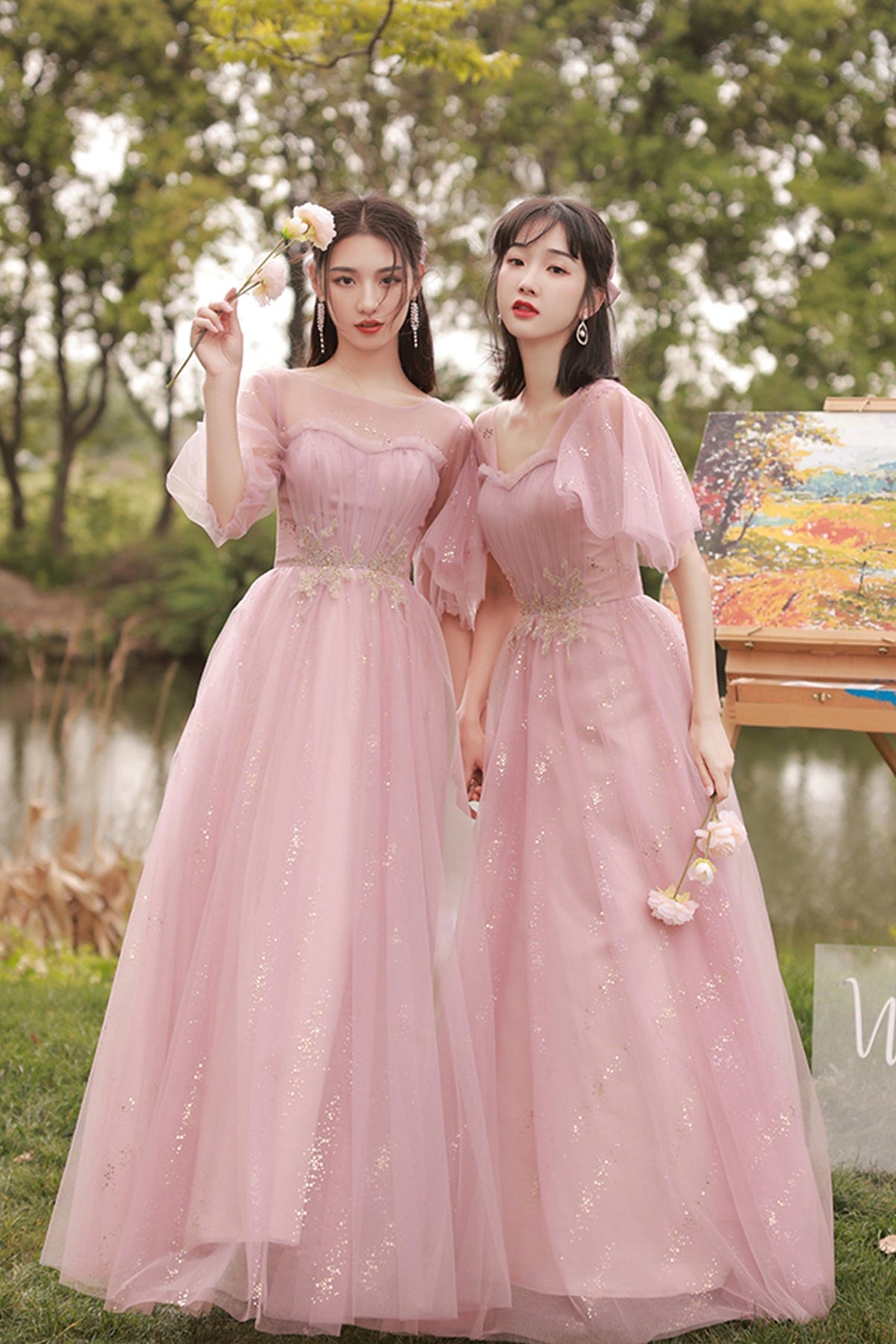 Pink Lace Long Prom Dresses, A-Line Evening Dresses